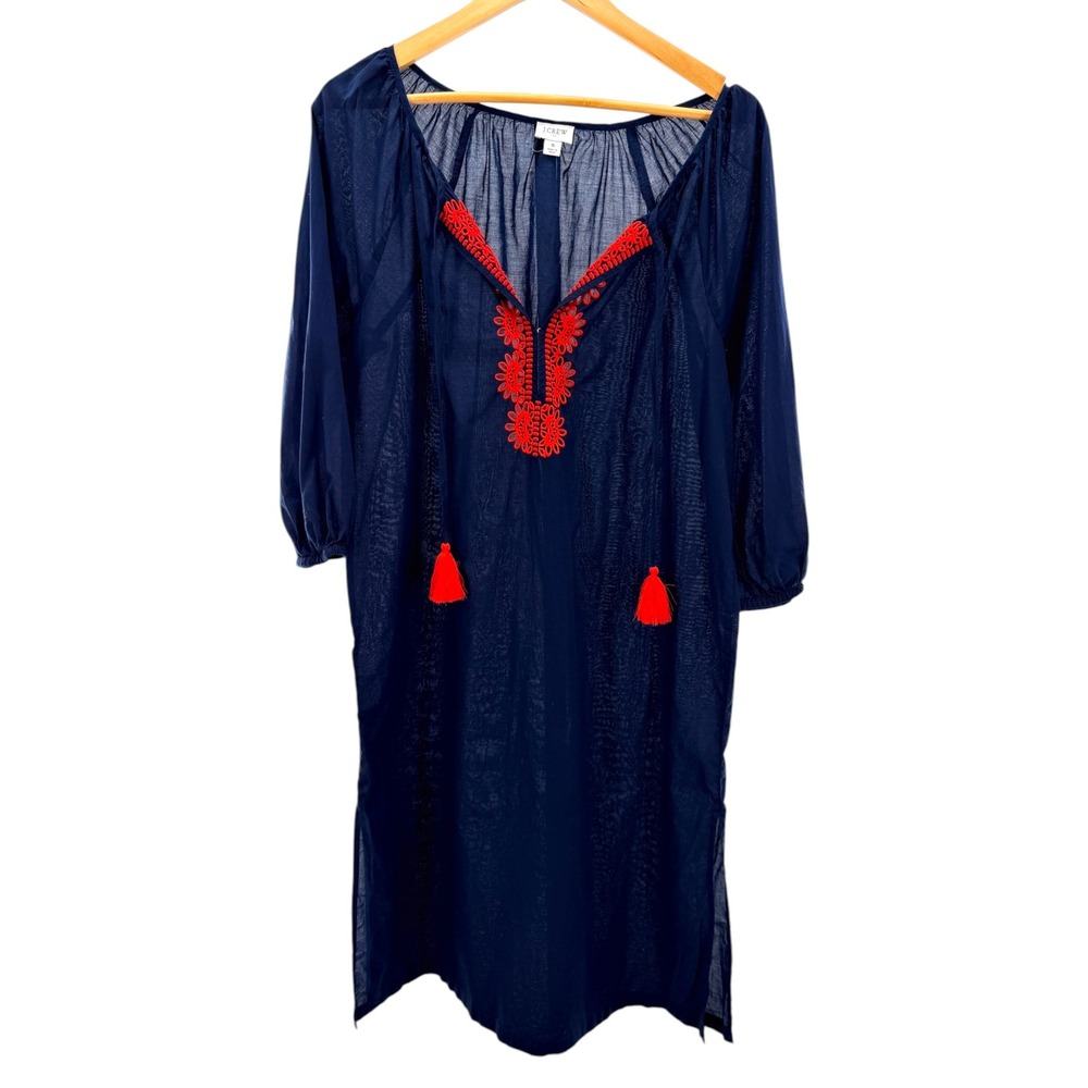 J.Crew Navy Blue Embroidered Tunic Shift Dress Small Sheer Cotton Gauze Tassels